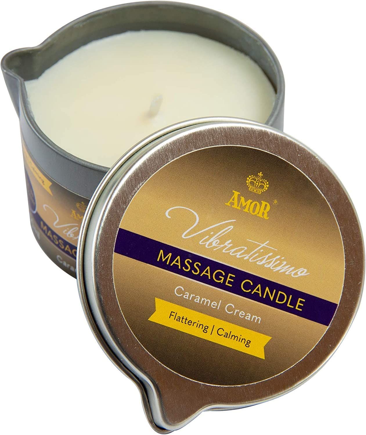 Vibratissimo Massagekaars Caramel Cream in metalen blik, deksel open.