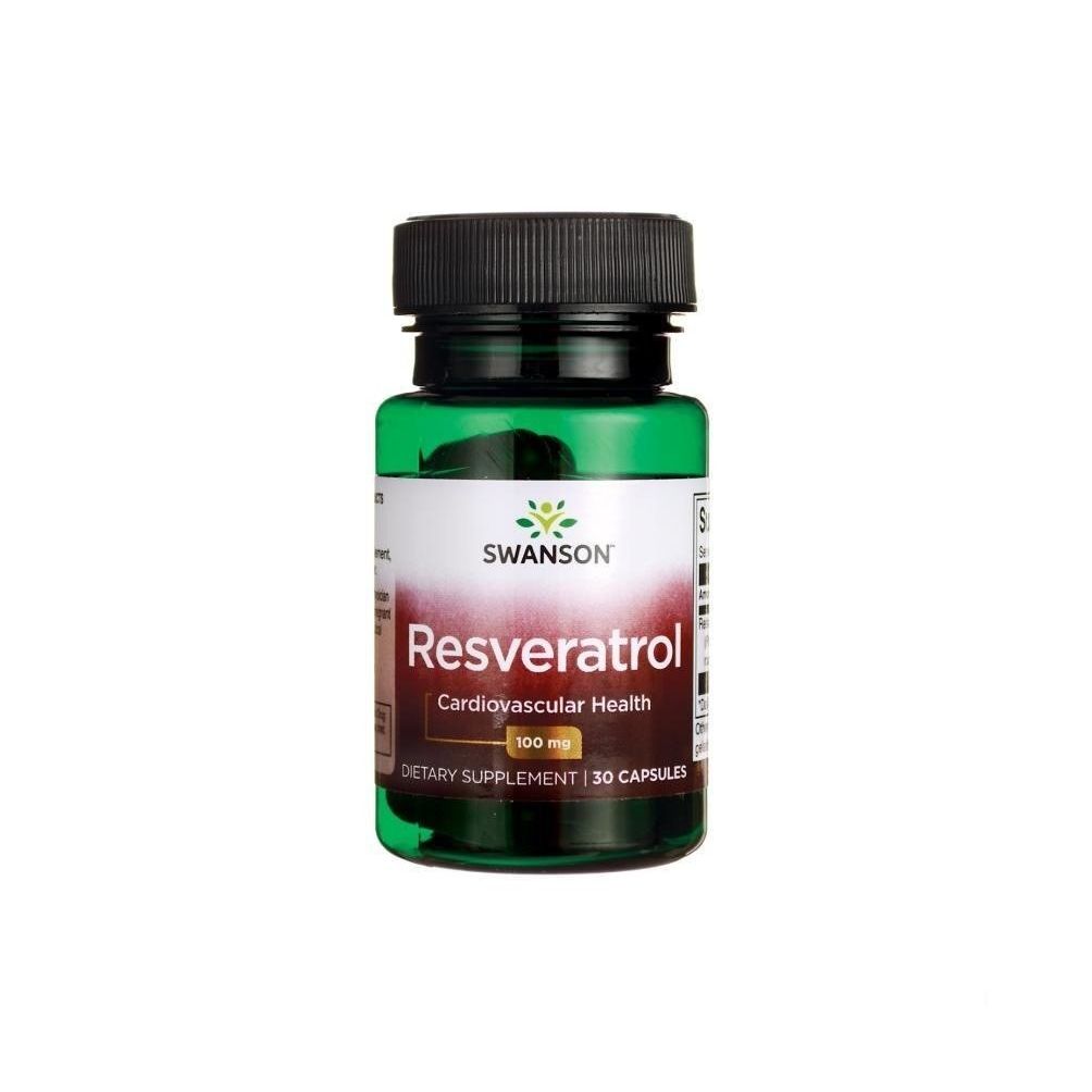 Groene fles met SWANSON Resveratrol capsules, 100 mg per capsule, voor cardiovasculaire gezondheid.