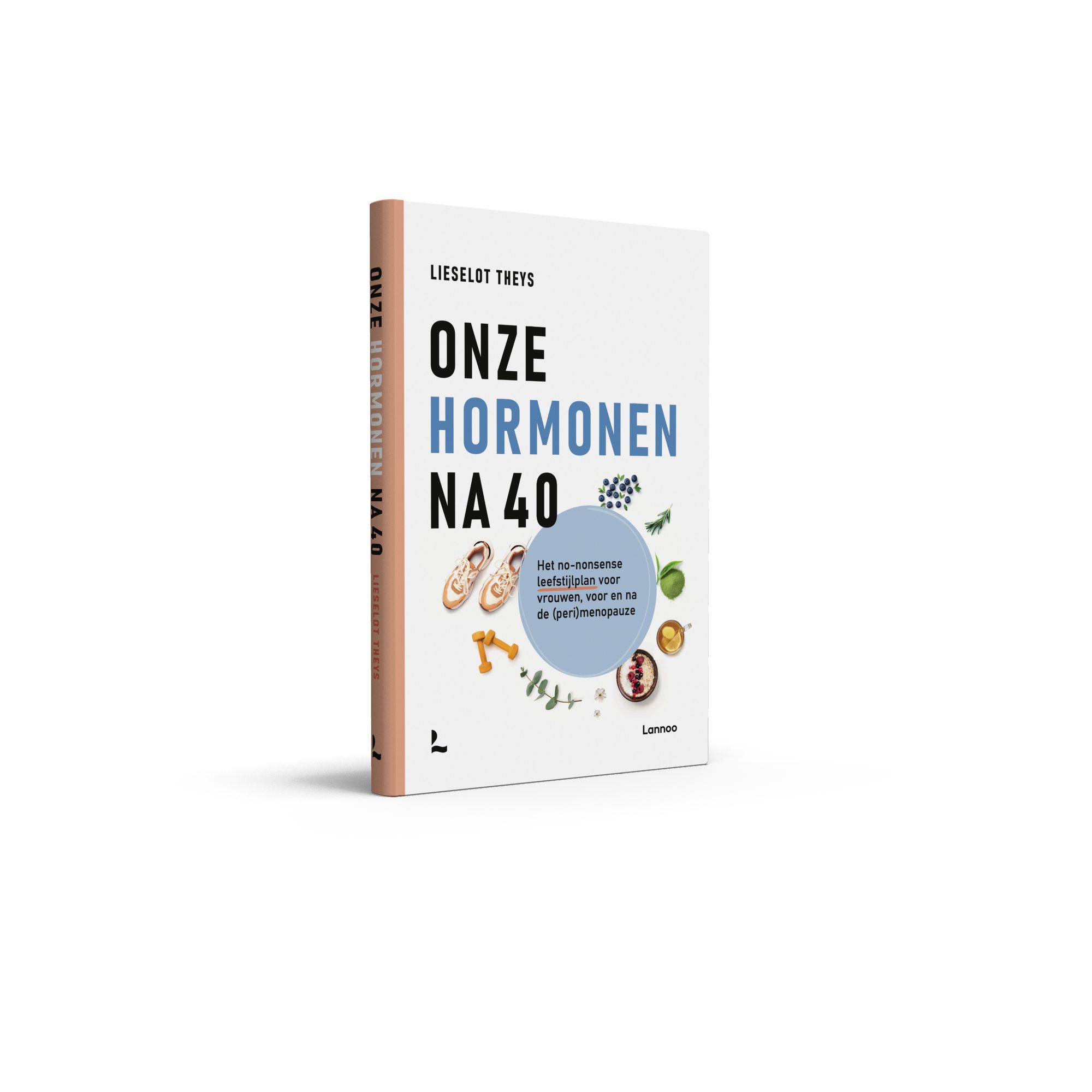 Livre "Onze Hormonen Na 40" de Lieselot Theys. Illustrations: chaussures, baies, herbes. Éditeur: Lannoo.