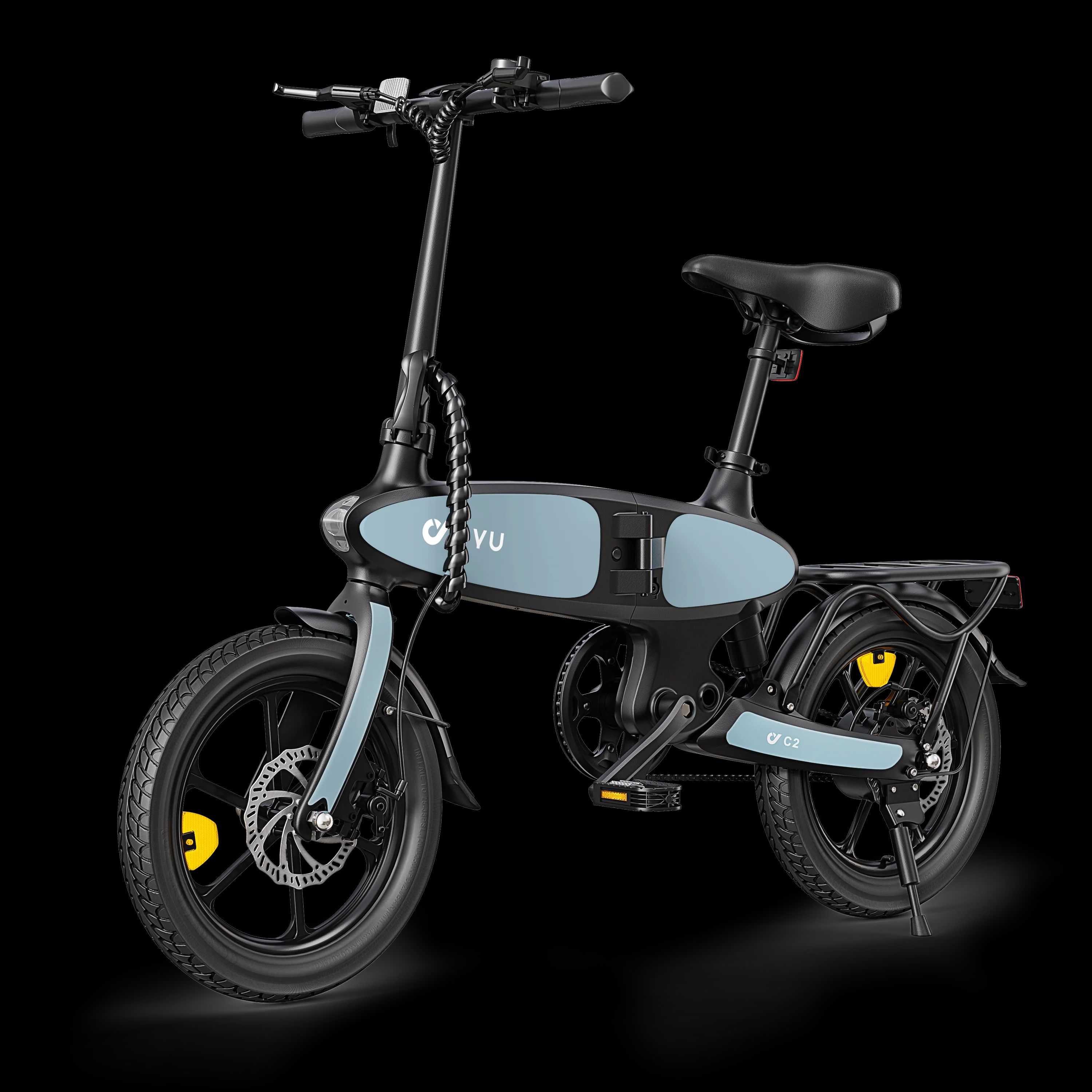 Vélo électrique pliable, bleu clair et noir, avec logo DYU. Il possède un porte-bagages, des garde-boue et des accents jaunes sur les roues.