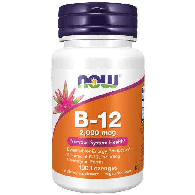 Flacon blanc, bouchon violet. Étiquette orange avec "B-12 2,000 mcg" et "100 pastilles".