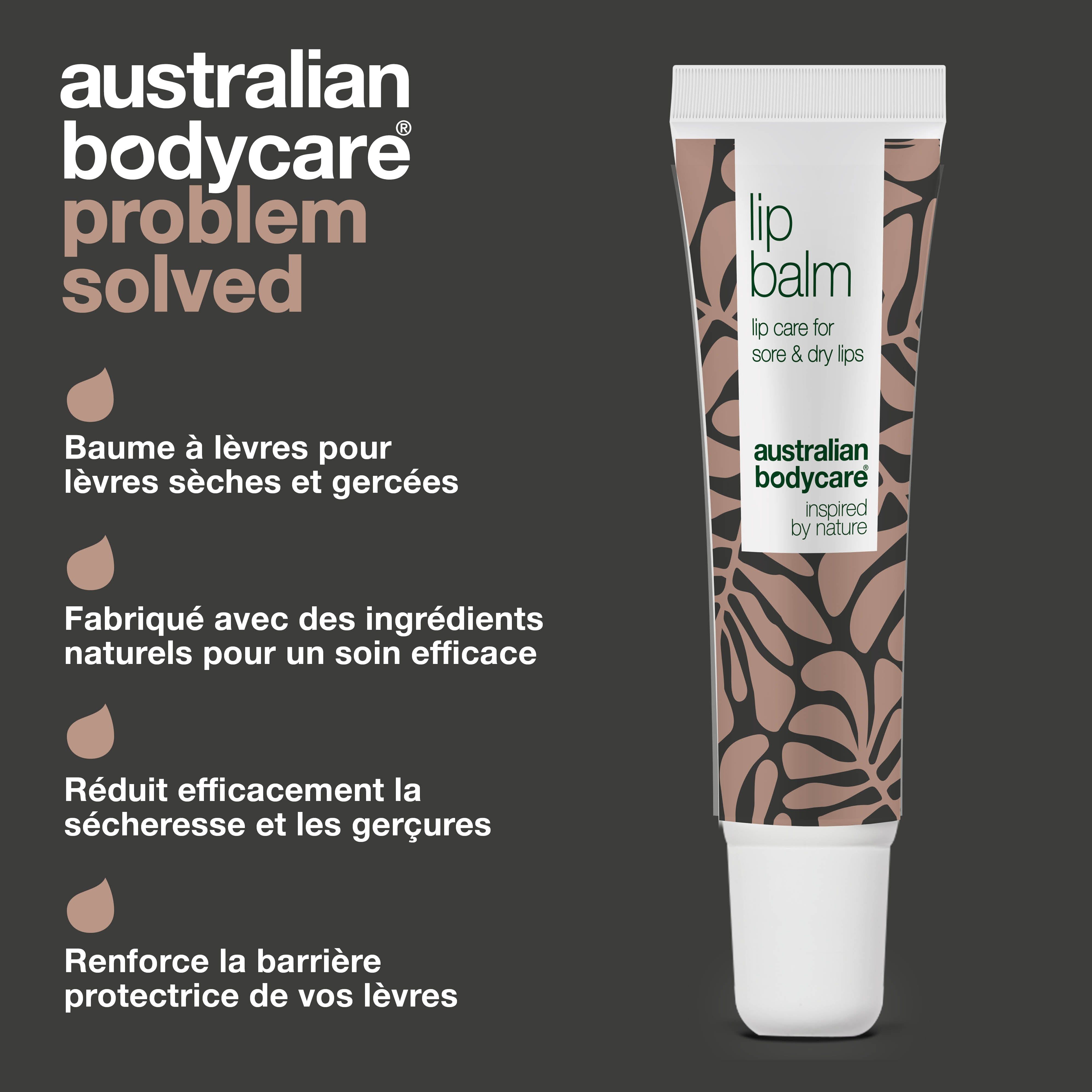 Produit de soin des lèvres. Texte: Lip Balm, australian bodycare. Avantages: lèvres sèches, ingrédients naturels.