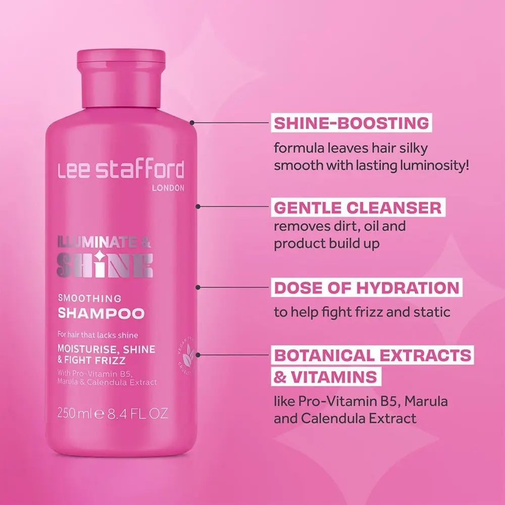Roze shampoo fles met tekst. Productnaam: "ILLUMINATE & SHINE Shampoo". Tekst: "Smoothing Shampoo". Extra tekst uitleg.