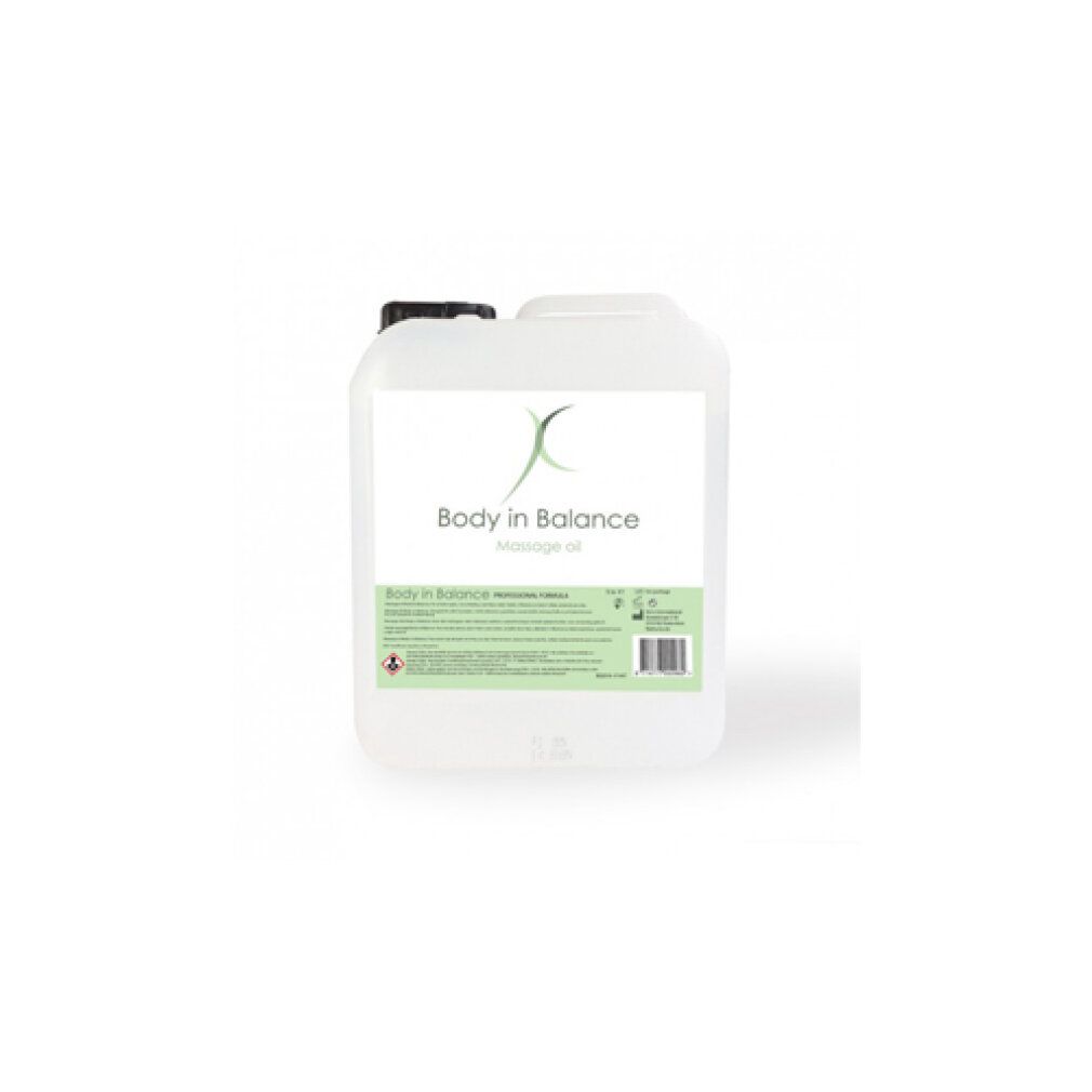 Witte jerrycan met zwarte dop. Etiket met tekst en logo: Body in Balance Massage Oil.