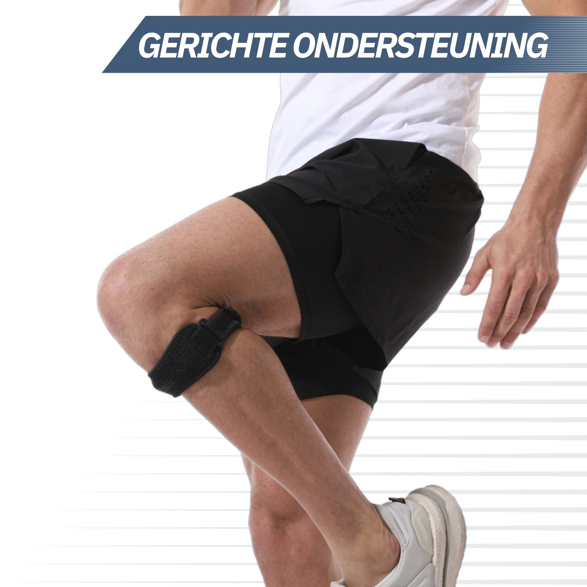 Persoon met kniebrace. Tekst: 'GERICHTE ONDERSTEUNING'.