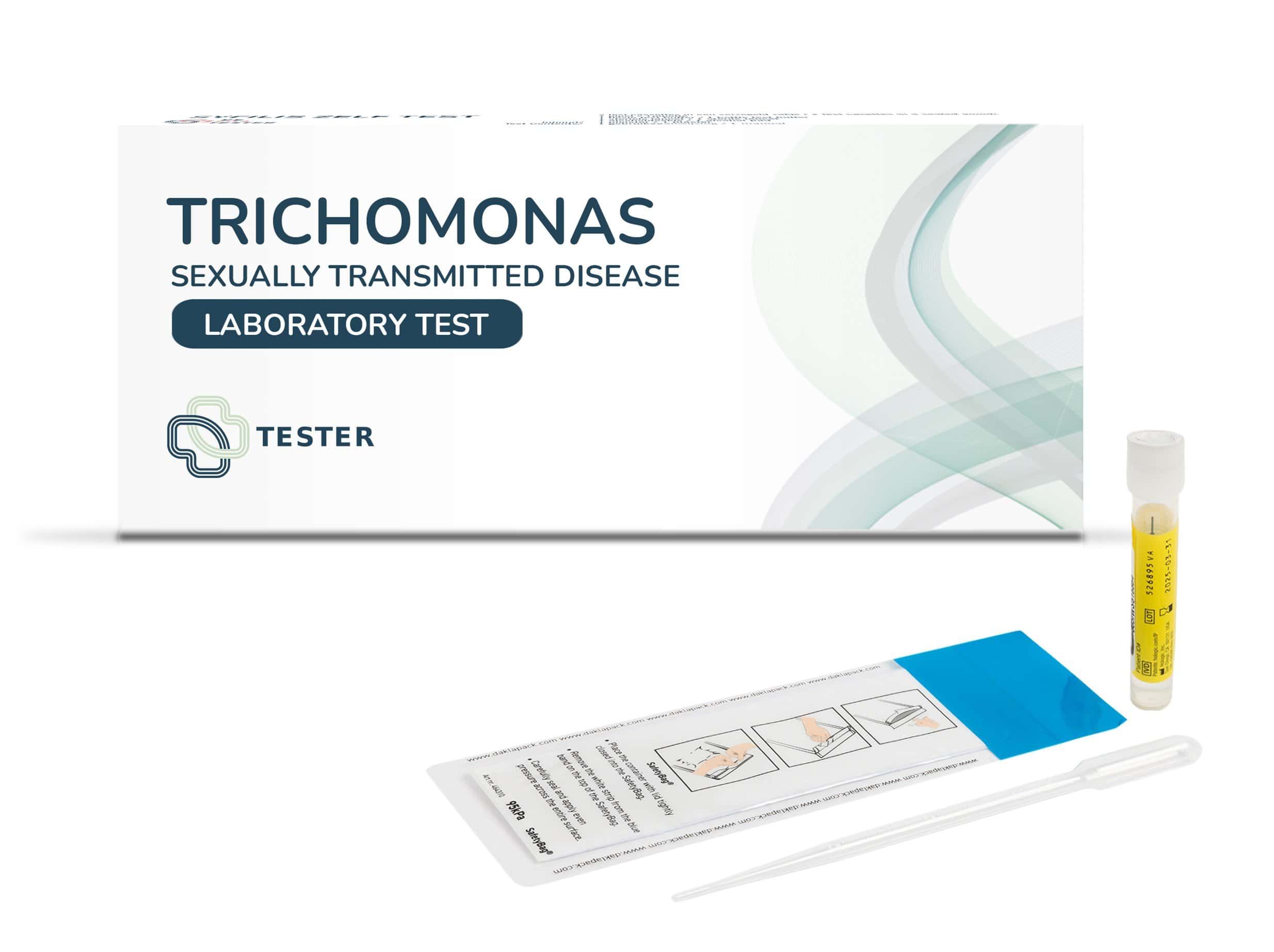 Kit de test de trichomonas avec emballage, bandelette réactive, pipette et tube d'échantillon.