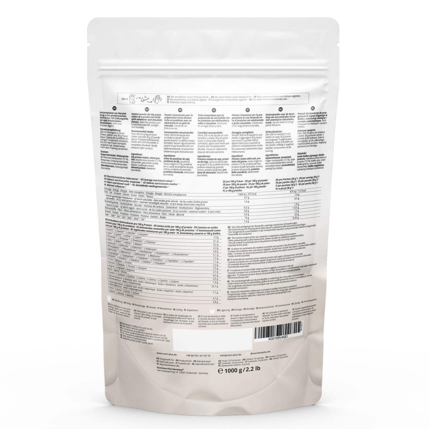 Achterkant van een witte eiwitpoederverpakking. Tekst: voedingswaarde, ingrediëntenlijst, barcode, 1000 g/2.2 lb.