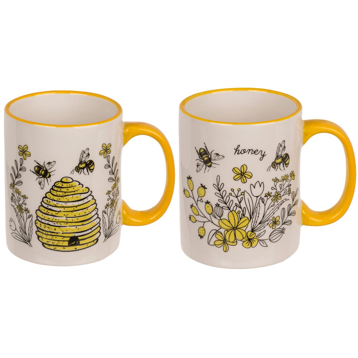 Twee keramische bekers met gele handvatten en decoraties van bijen en honingraten. Gele rand.