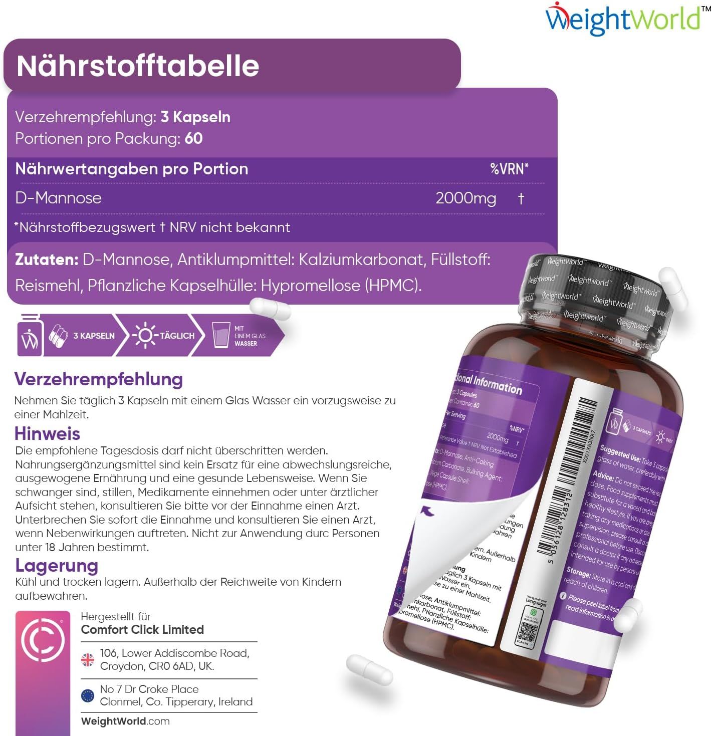 Bruine fles D-Mannose capsules. Tekst: Voedingswaardetabel, 3 capsules, 2000mg D-Mannose. Ingrediënten, aanbevelingen.