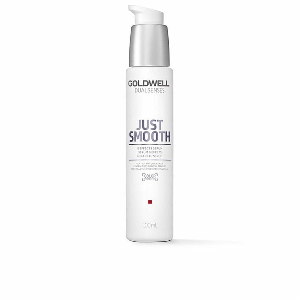 Sérum Goldwell Dualsenses Just Smooth. Flacon blanc avec pompe argentée. Nom du produit et logo visibles.