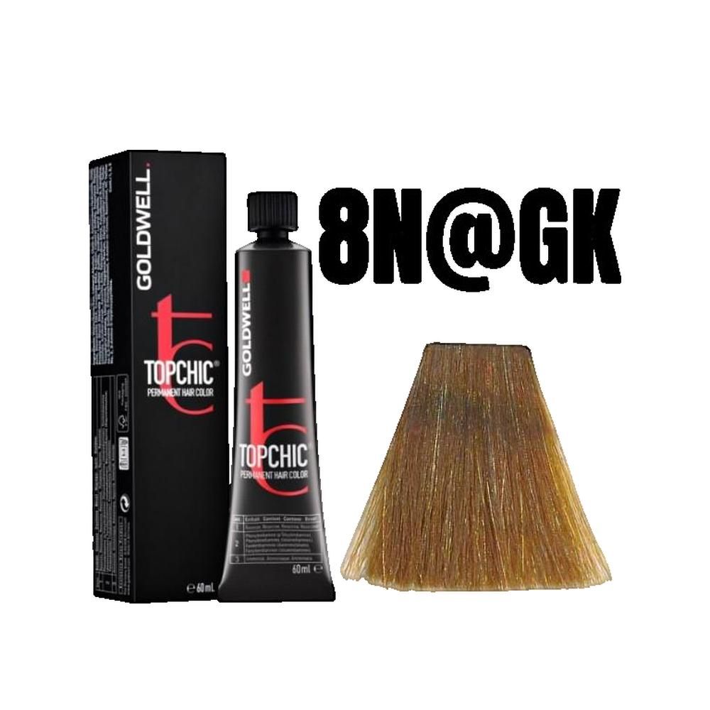 Goldwell Topchic haarkleur, tube en verpakking. Kleurstaal ernaast. Opschrift '8N@GK'.