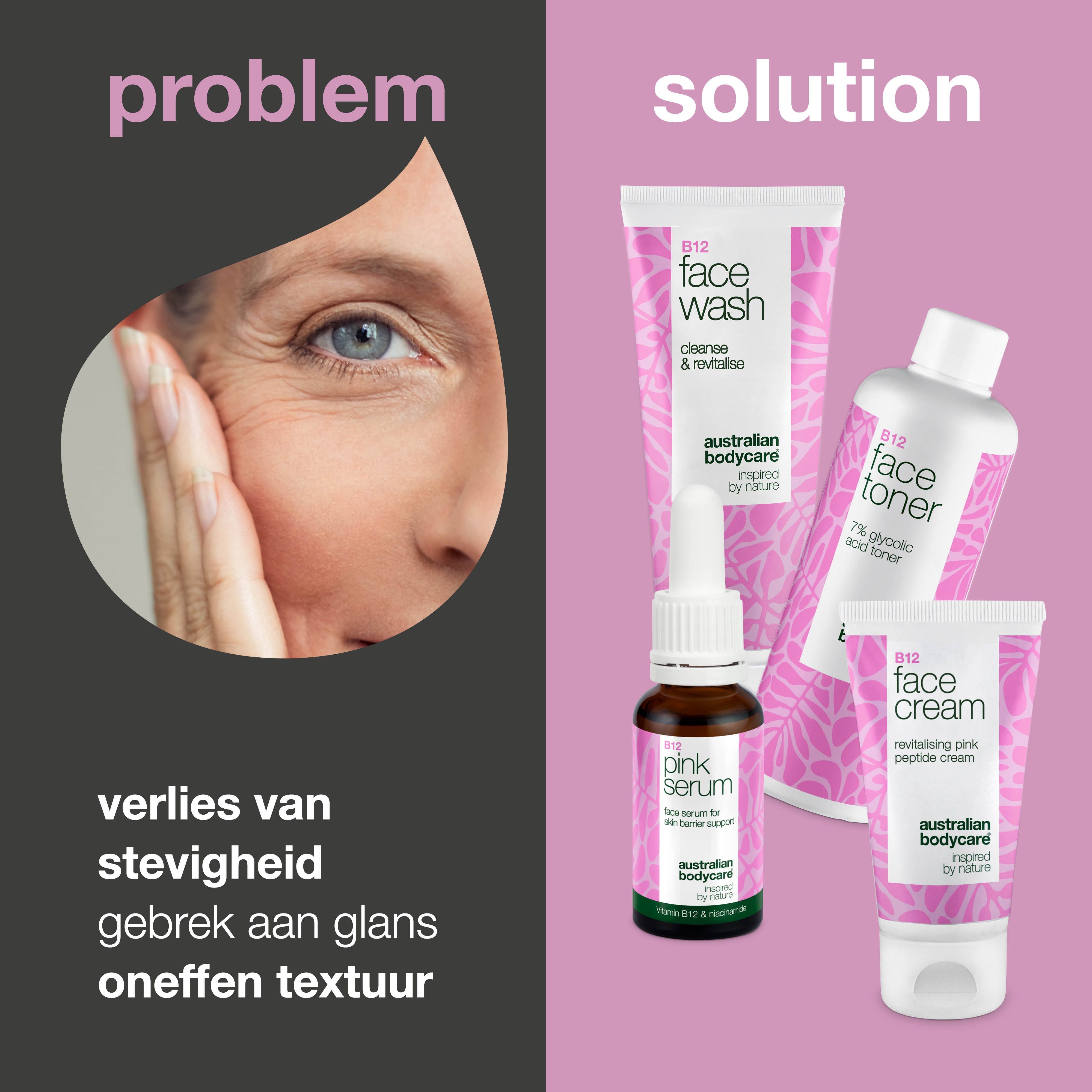 Gezicht met rimpels, daarnaast producten: reiniger, toner, serum en crème. Roze en wit.
