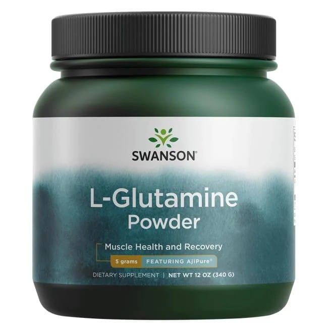 Groene pot met zwart deksel. Opschrift: Swanson, L-Glutamine Powder, 5 gram, AjiPure. Netto gewicht: 340 g.