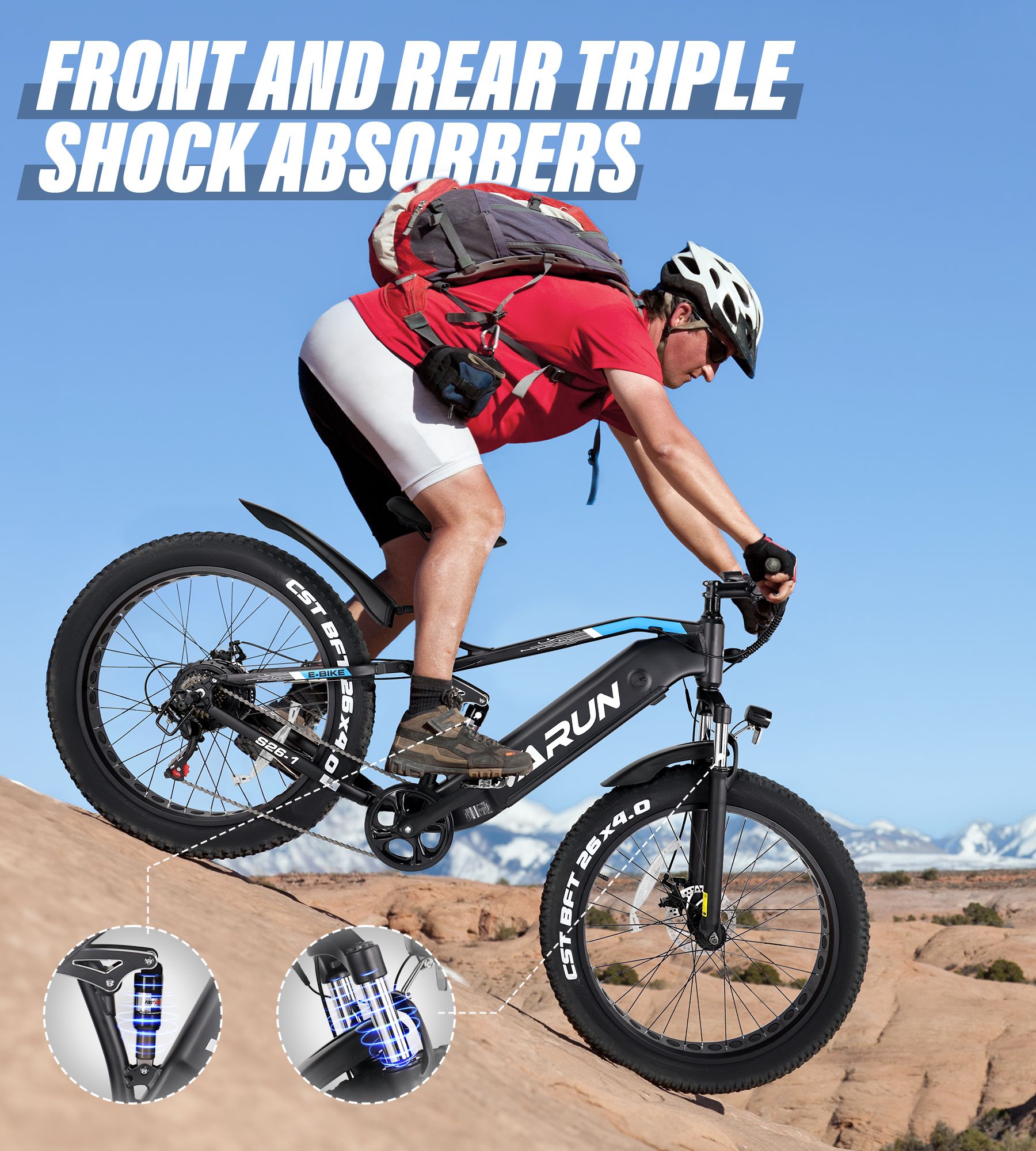 Persoon op e-bike op bergpad. Voor- en achter schokdempers. VARUN logo zichtbaar.