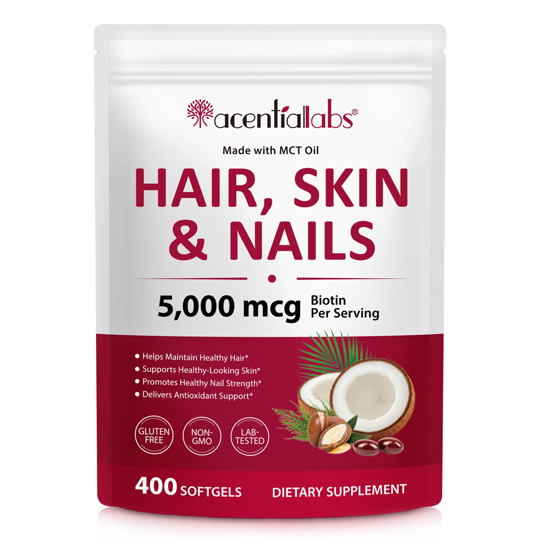 Supplément AcentiaLabs Cheveux, Peau et Ongles avec 5 000 mcg de biotine par portion, 400 gélules.