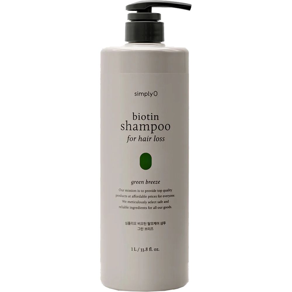 Grijze shampoo fles met zwarte pomp. Opschrift: Biotin Shampoo for hair loss. Groene capsule. Tekst in het Engels en Koreaans.