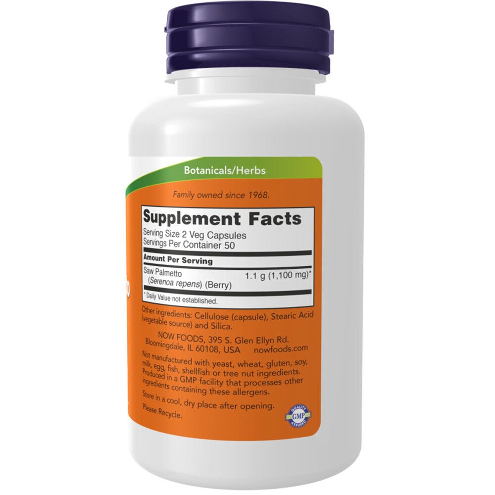 Dos du flacon. Étiquette orange avec informations nutritionnelles et ingrédients. Logo Now Foods et certification GMP.
