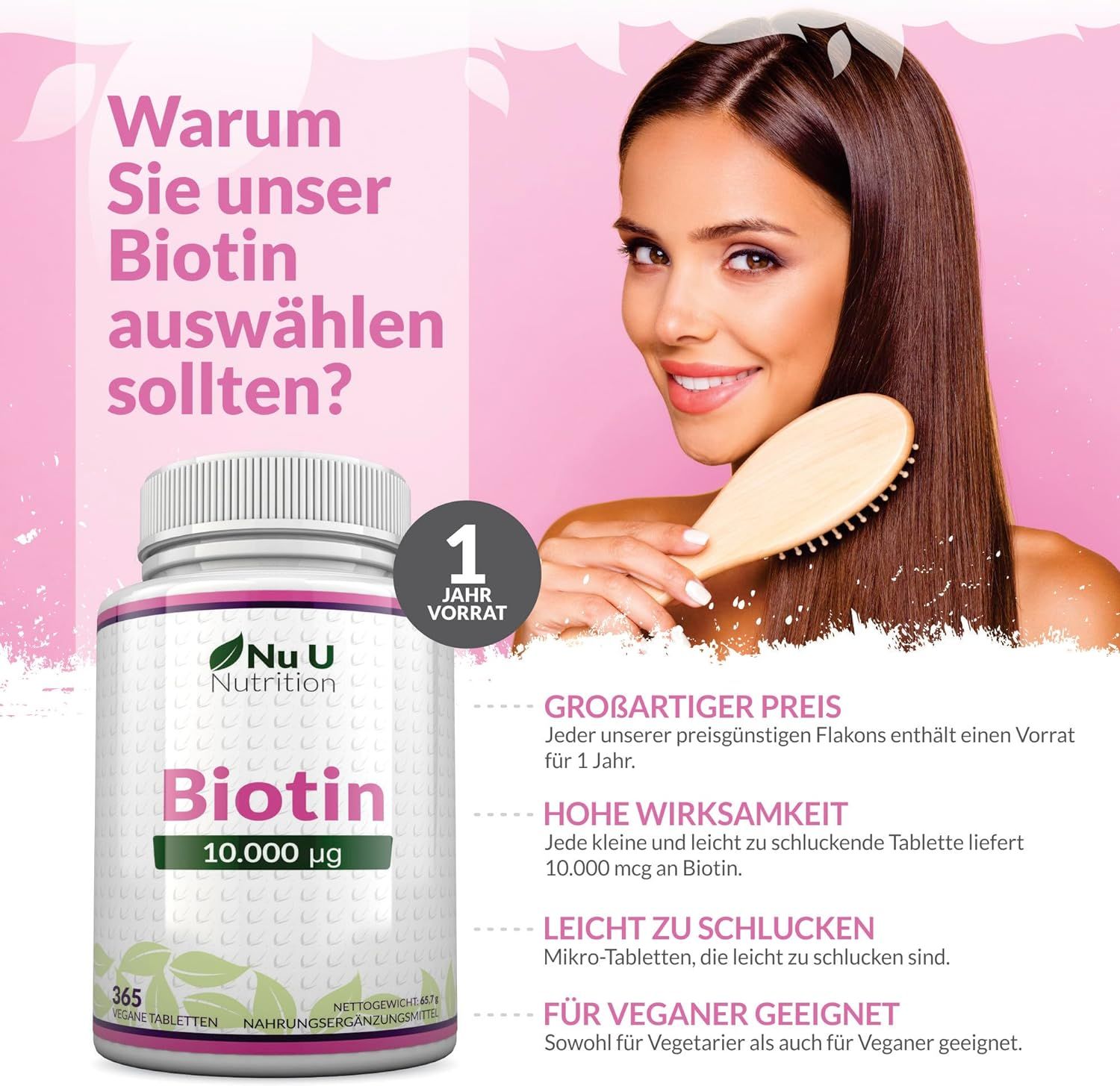 Fles Biotine 10.000 mcg Nu U Nutrition. Vrouw kamt haar haar. 365 tabletten. 1 jaar voorraad.
