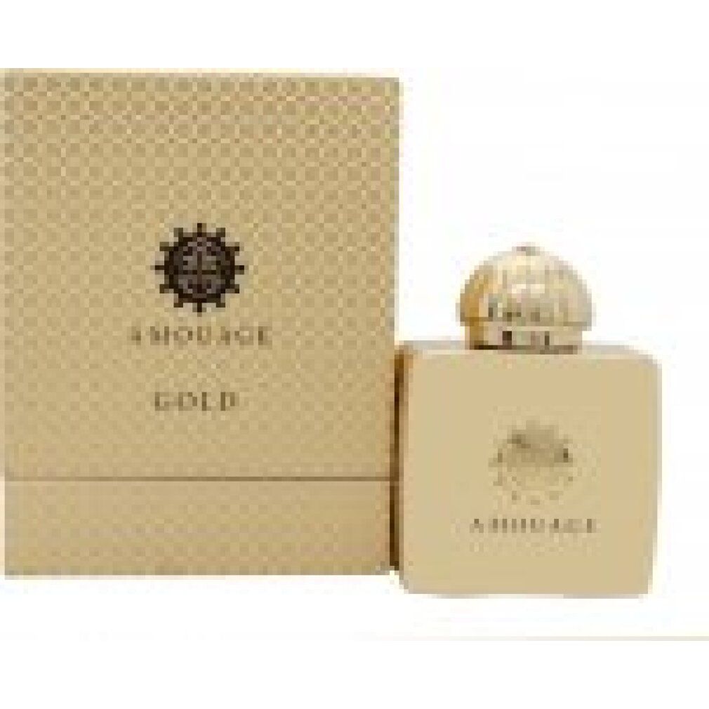 Flacon et emballage dorés. Inscription AMOUAGE GOLD. Emblème du logo sur l'emballage.