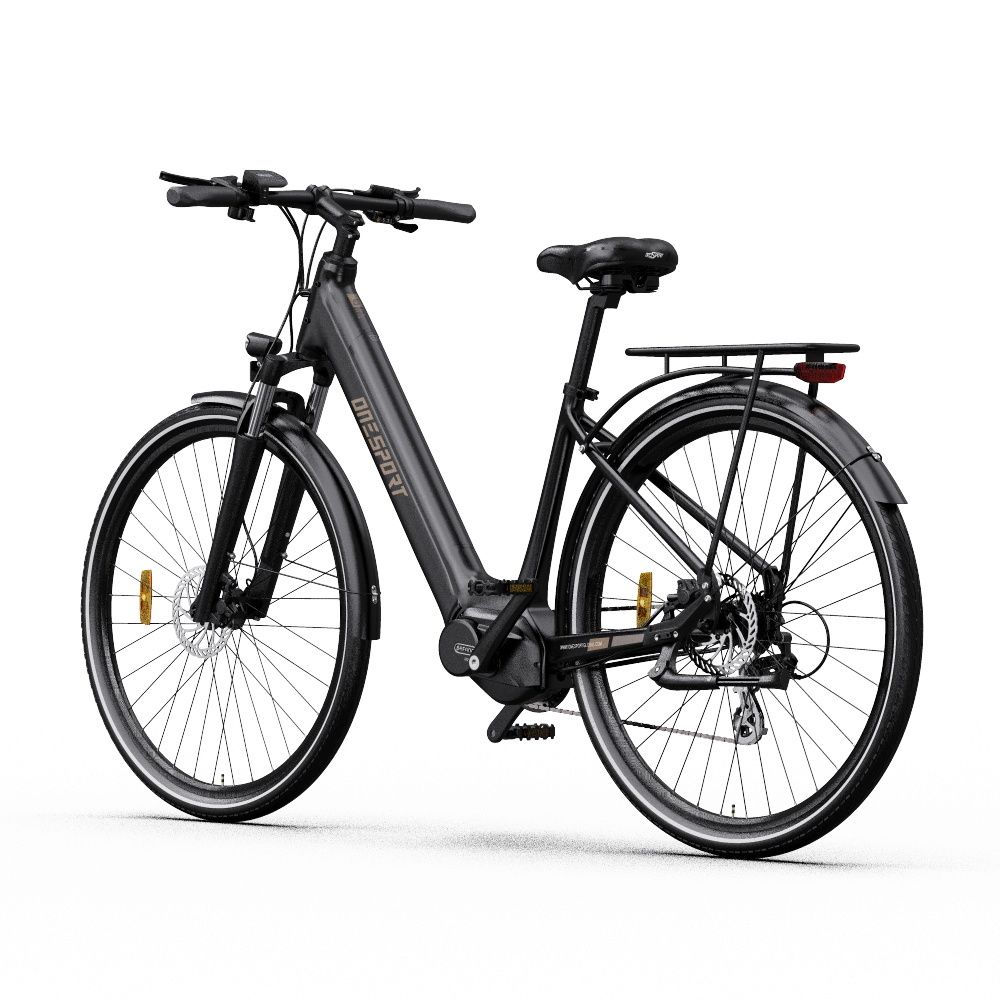 Vélo électrique noir avec moteur central. Roues, selle, porte-bagages et guidon visibles. "ONESPORT" sur le cadre.