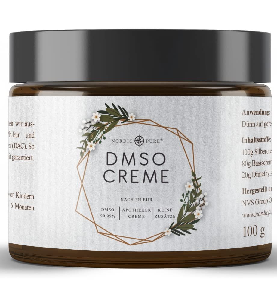 Bruine pot met zwart deksel. Opschrift: DMSO Creme. Tekst: DMSO 99,95%, Apothekerscrème, Geen toevoegingen. Logo: Nordic Pure. Inhoud: 100 g.