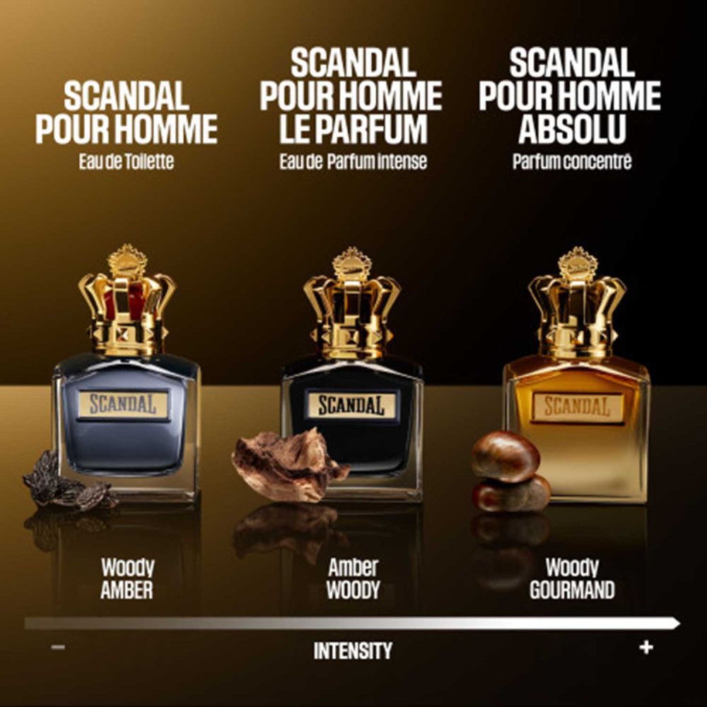 Drie parfumflacons met gouden kroon. Opschrift: Scandal Pour Homme, Le Parfum, Pour Homme Absolu.