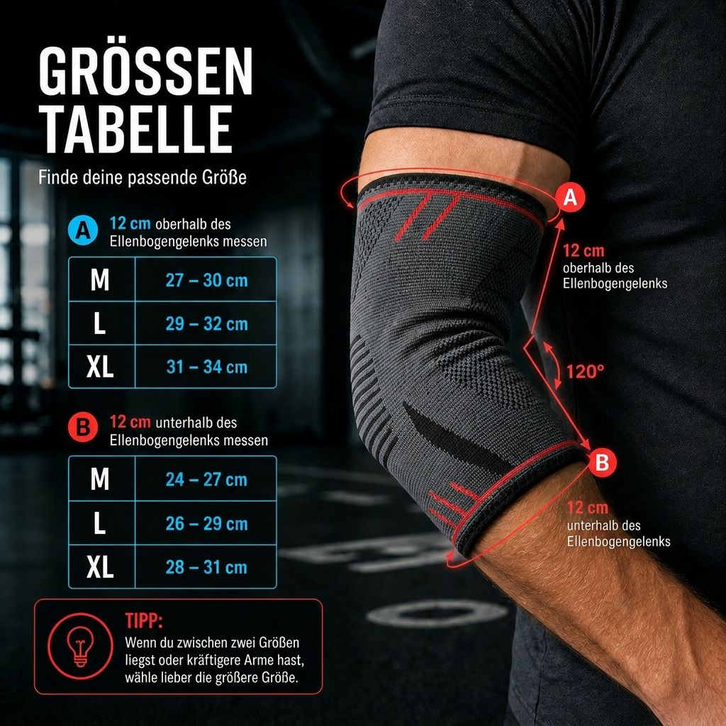 Maattabel voor elleboogbandage. Maten in cm. M, L, XL. Bandage op arm. Meten boven en onder.