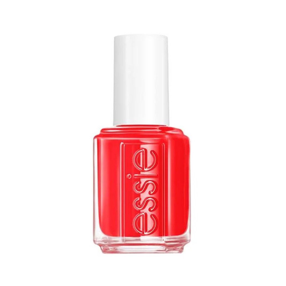 Essie nagellakflesje, rood. Witte dop, transparante fles, rode inhoud. Essie logo.