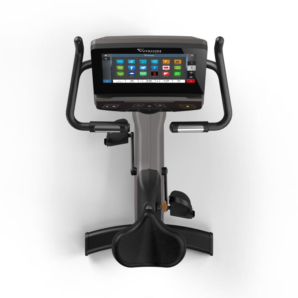 Bovenaanzicht hometrainer. Touchscreen console, stuur, pedalen en zadel. Vision-logo zichtbaar.