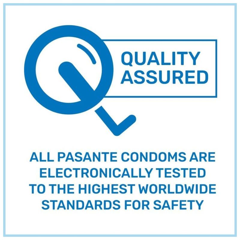 Logo bleu avec texte 'QUALITY ASSURED'. Texte en dessous: 'ALL PASANTE CONDOMS ARE ELECTRONICALLY TESTED...'