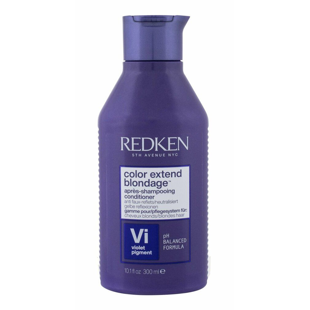 Paarse fles Redken Color Extend Blondage Conditioner. Tekst en logo zichtbaar. 300ml.