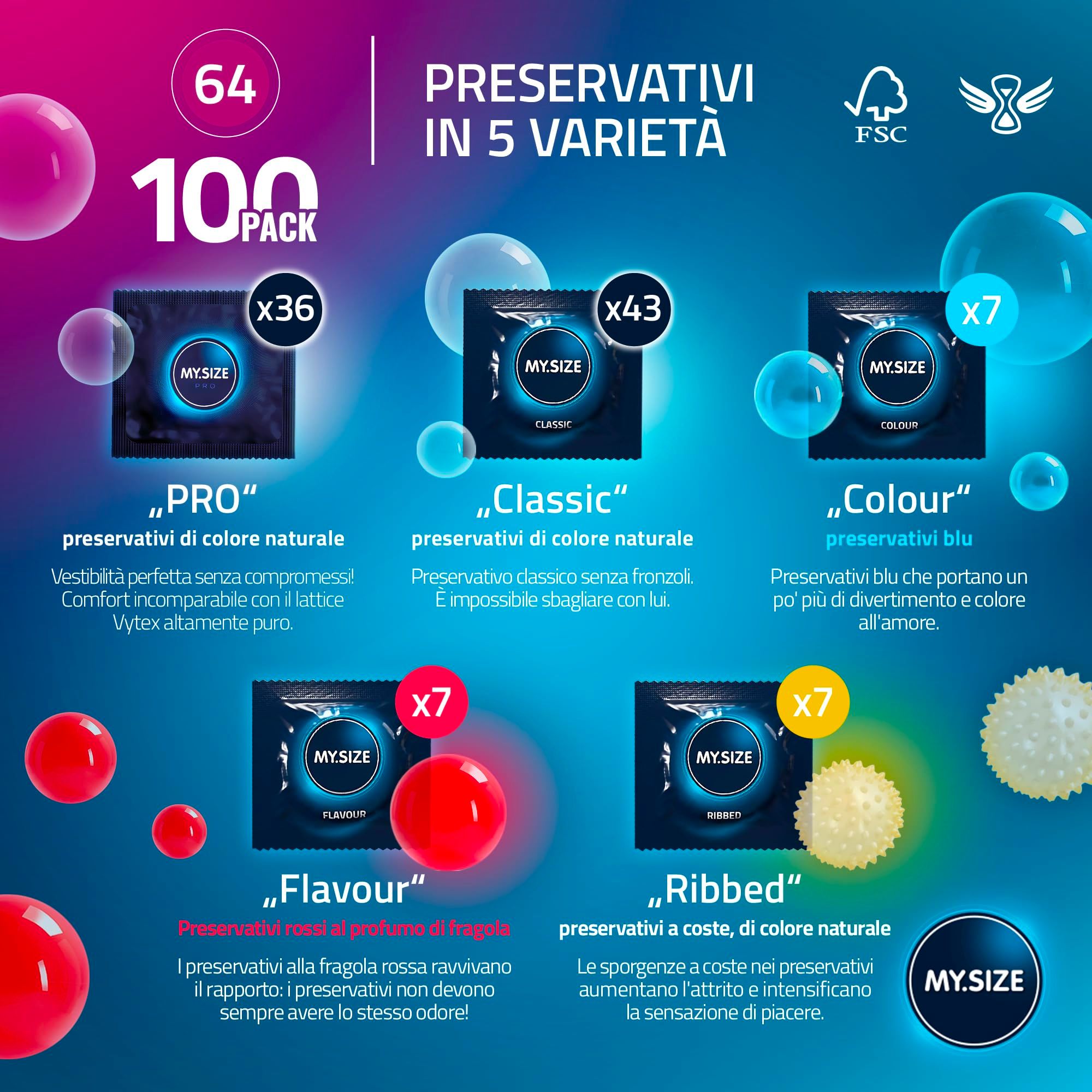 Emballage de 64 préservatifs en 5 variétés : Pro, Classic, Colour, Flavour, Ribbed.