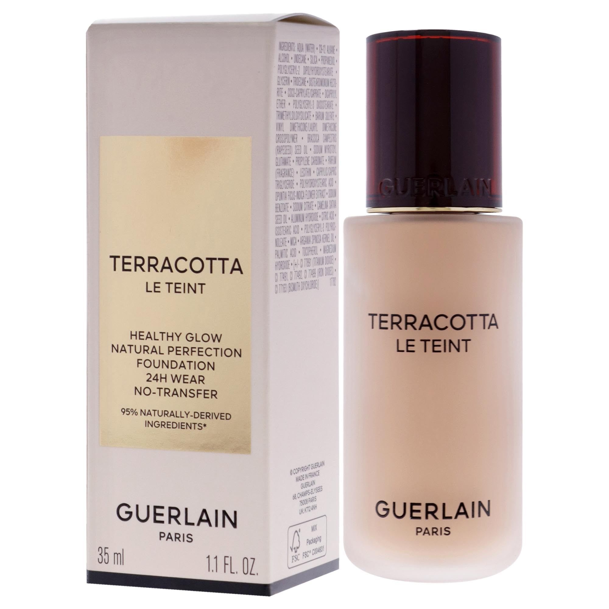 Guerlain Terracotta Le Teint Foundation. Fles en verpakking. Tekst: Healthy Glow, Natural Perfection, 24H Wear, No-Transfer. 35 ml, 1.1 FL. OZ.