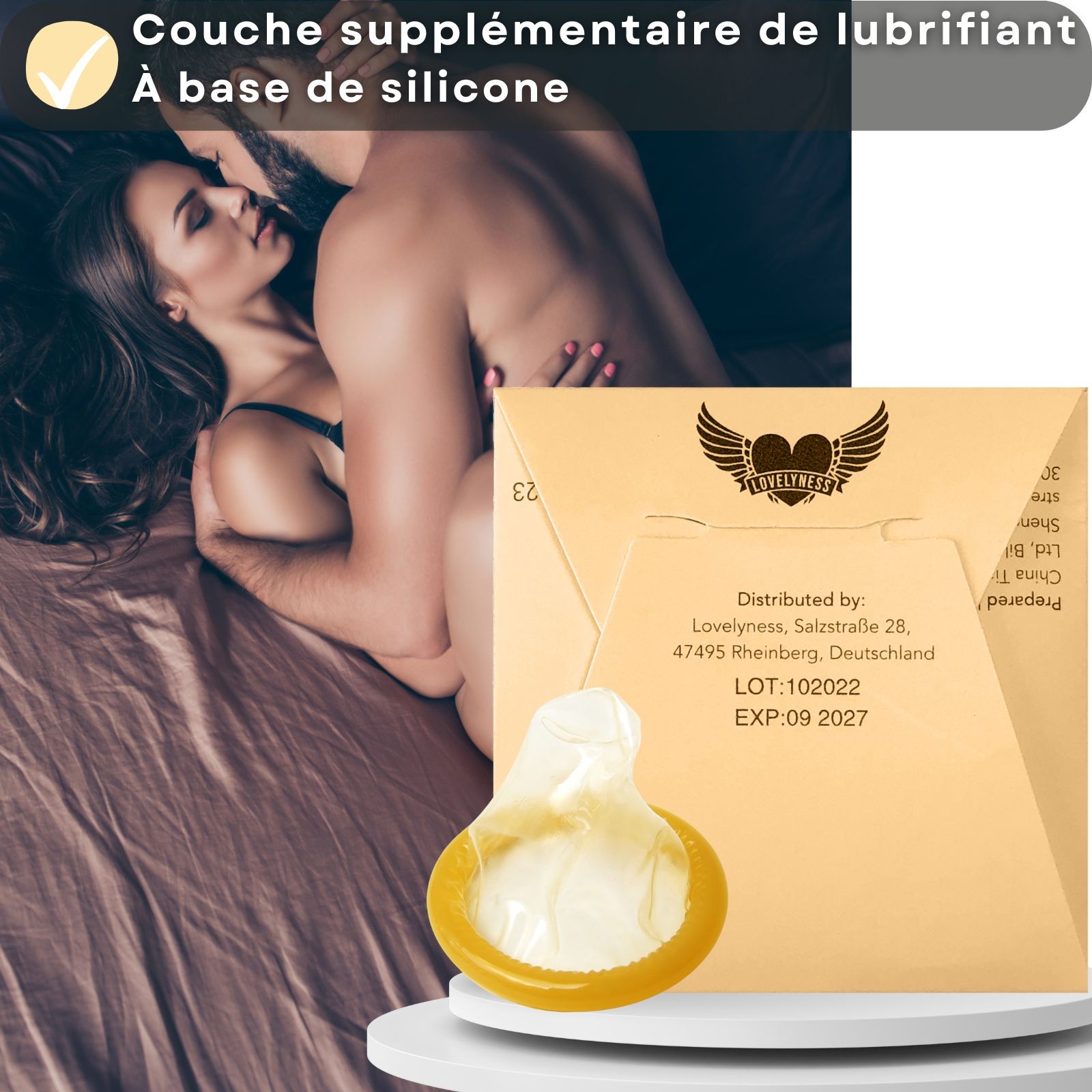 Emballage et préservatif. Texte: Emballé individuellement, pour une sécurité maximale en déplacement. Logo: Peach.