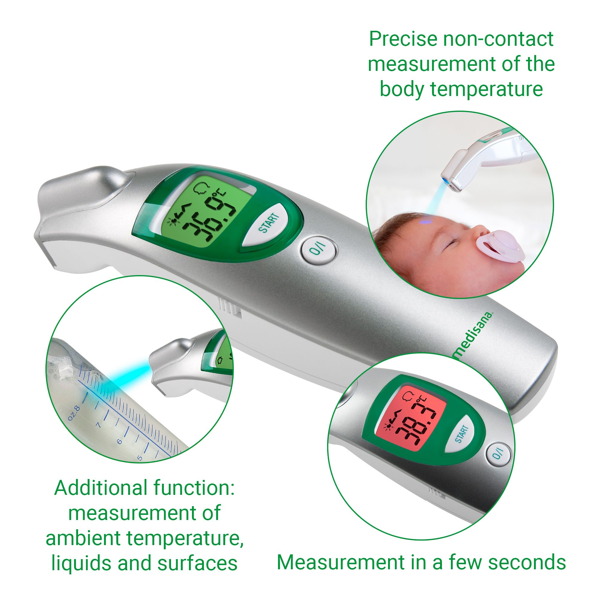 Contactloze thermometer met details. Toont temperatuurmeting, omgeving en vloeistoffen. Merk: medisana.