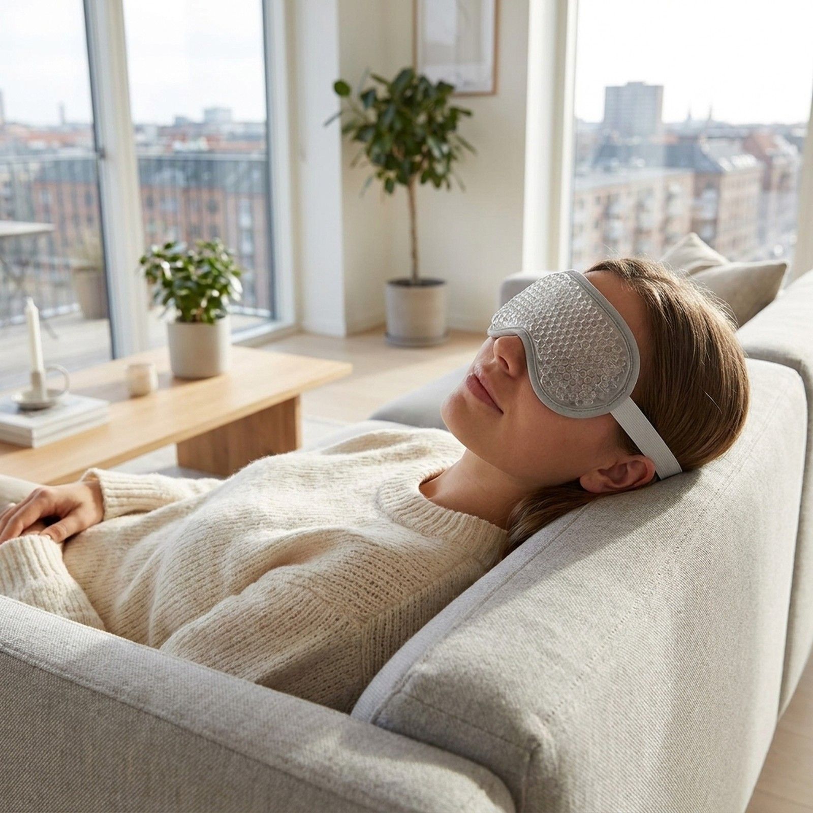 Vrouw liggend op een bank met een grijs oogmasker met parelvulling.