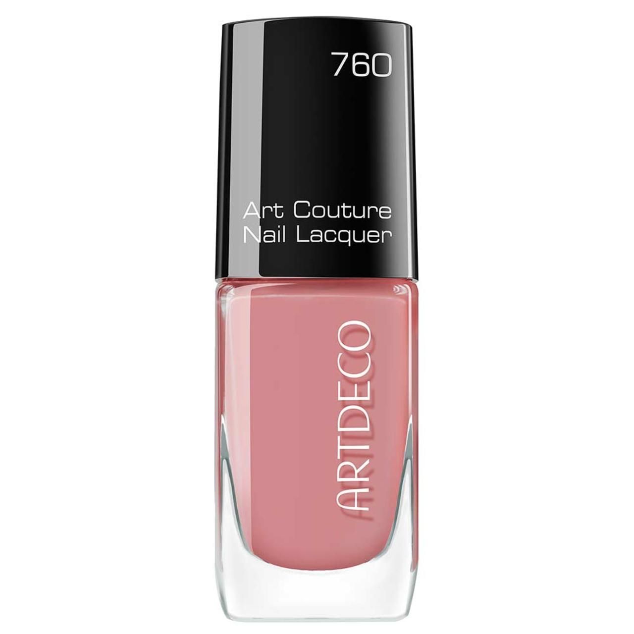 Artdeco Art Couture nagellak, roze. Zwarte dop met opschrift 760. Merknaam en productaanduiding op de fles.