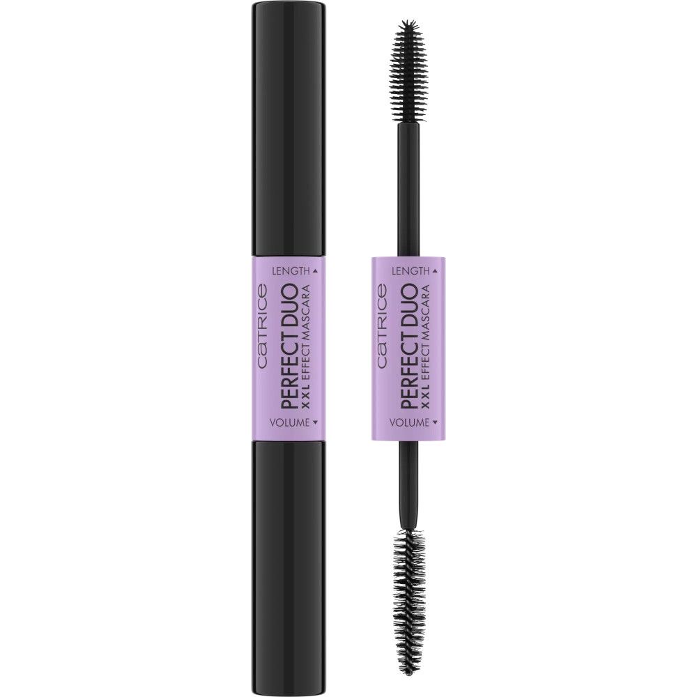 Dubbele mascara met zwarte huls en paars middenstuk. Tekst: Catrice, Perfect Duo XXL Effekt Mascara. Borstel ernaast.