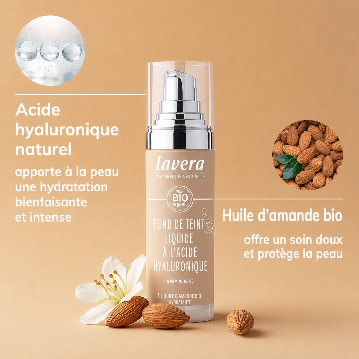 Flacon Lavera Hyaluron Liquid Foundation, Warm Nude 03, avec pompe et capuchon transparent.