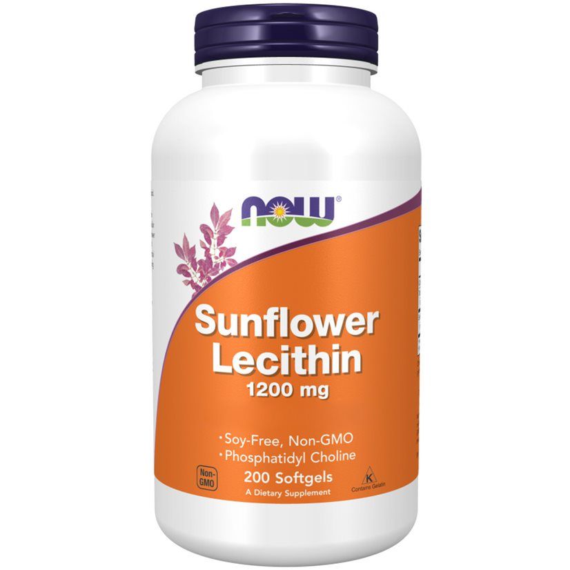 Witte fles met oranje etiket. Opschrift: Sunflower Lecithin 1200 mg. Merk: NOW. 200 softgels. Non-GMO.