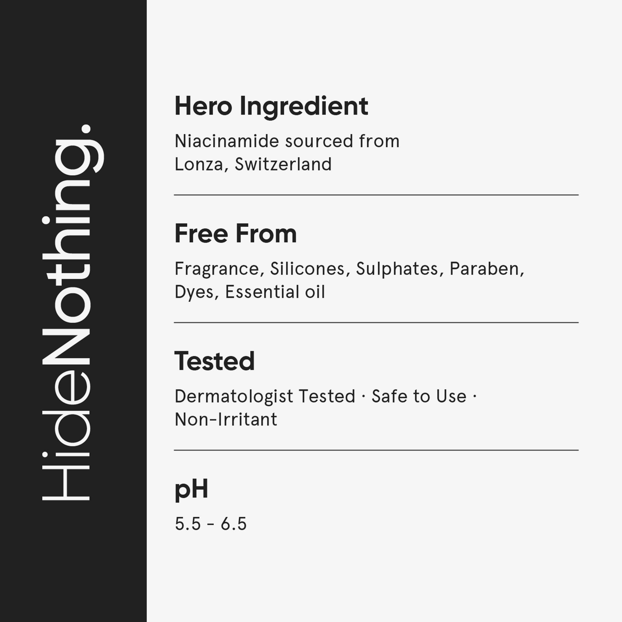 Infographie textuelle. Contient des informations sur l'ingrédient Niacinamide, sans ingrédients, testé dermatologiquement et pH.