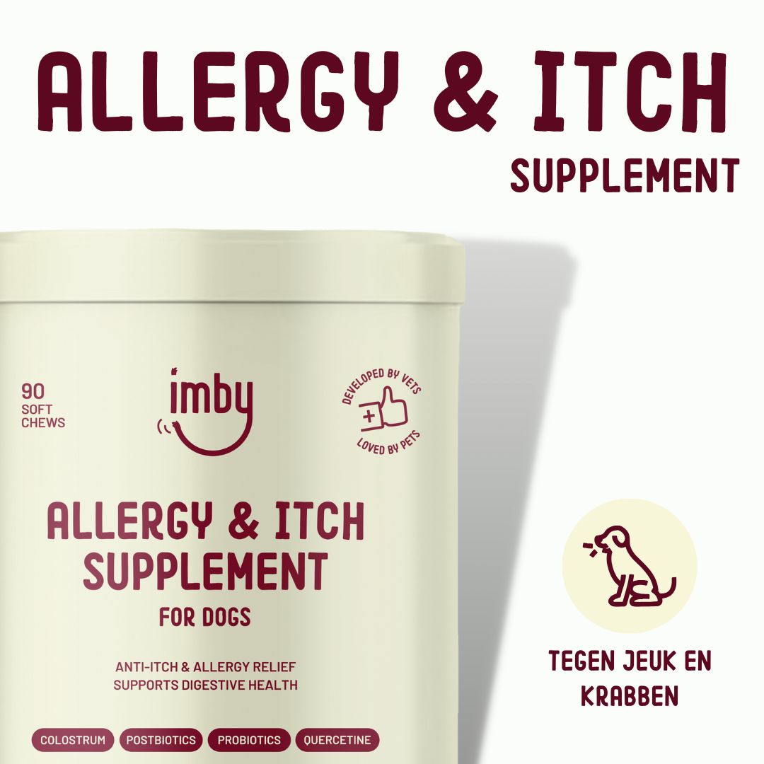Imby Allergy & Itch Supplement voor honden. 90 zachte kauwsnacks met colostrum, postbiotica, probiotica, quercetine.