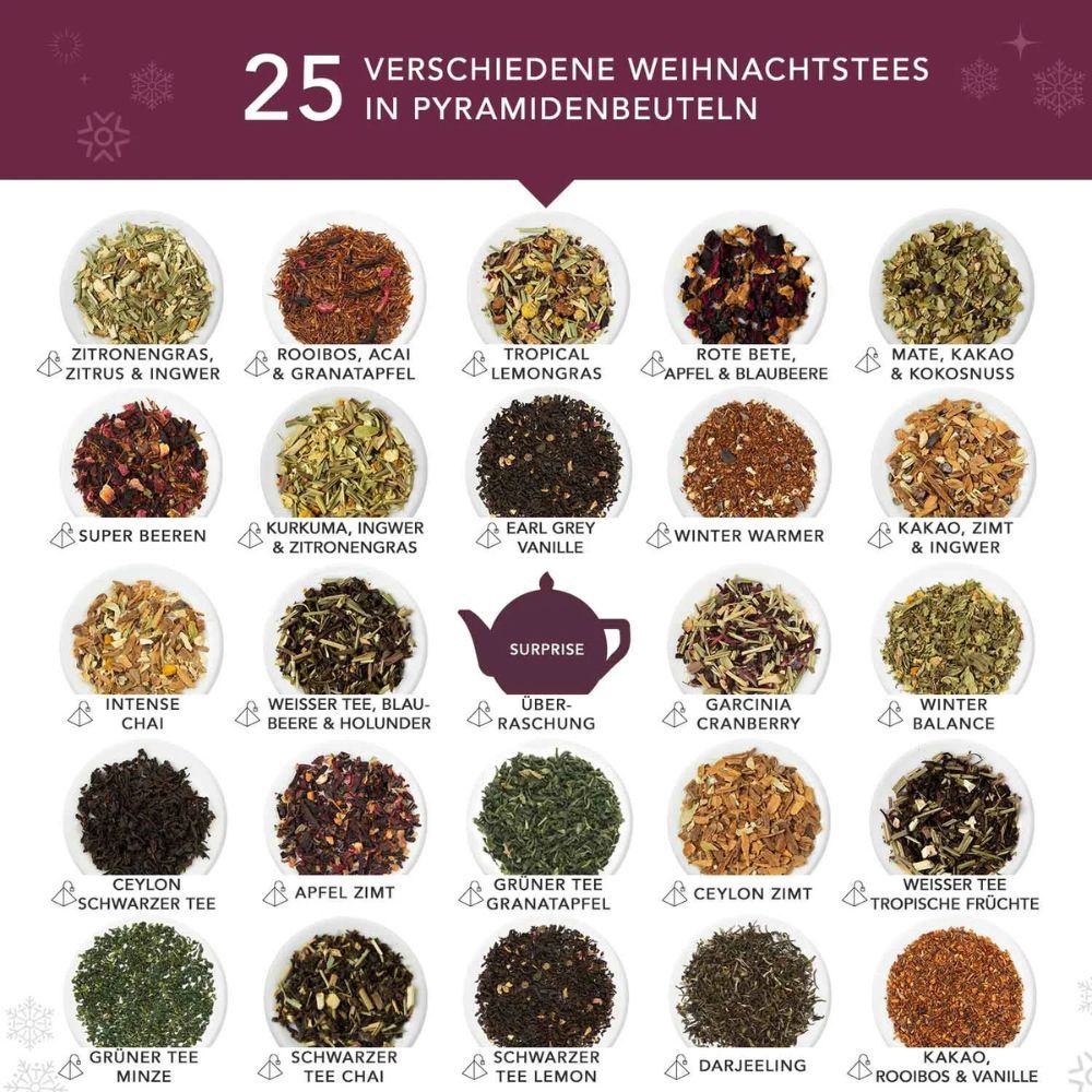 25 verschillende kersttheeën in piramidezakjes. Verschillende soorten thee in schalen. Tekst met soorten.