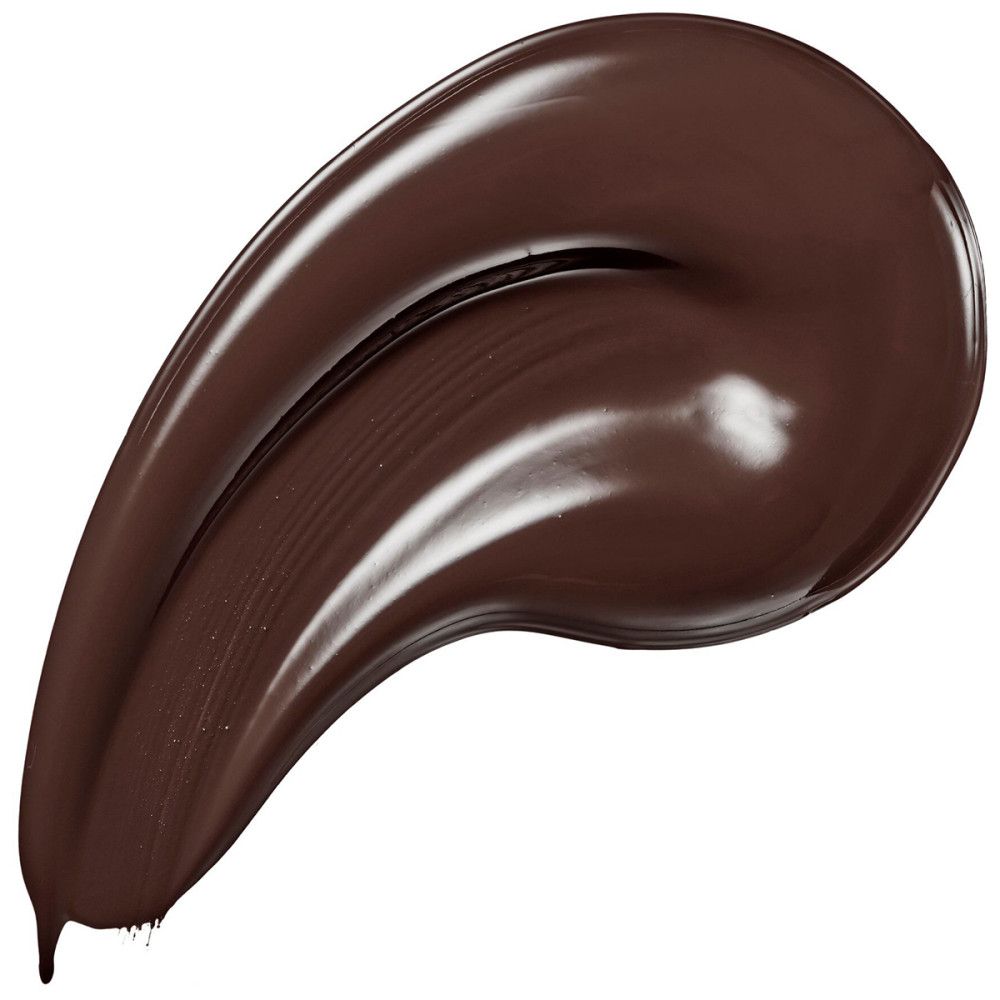 Texture de fond de teint brun foncé, brillante, appliquée en un seul geste. Gouttes individuelles en bas.