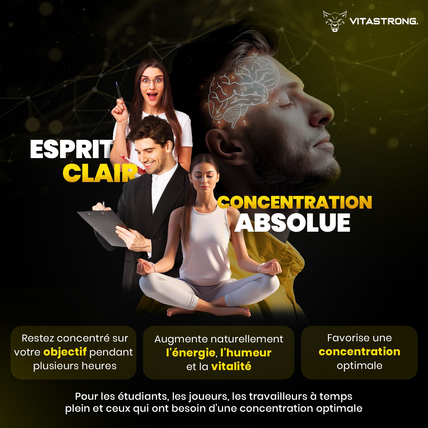 Achterkant van de Vitastrong Brainbooster verpakking. Meertalige informatie. 30 tabletten.