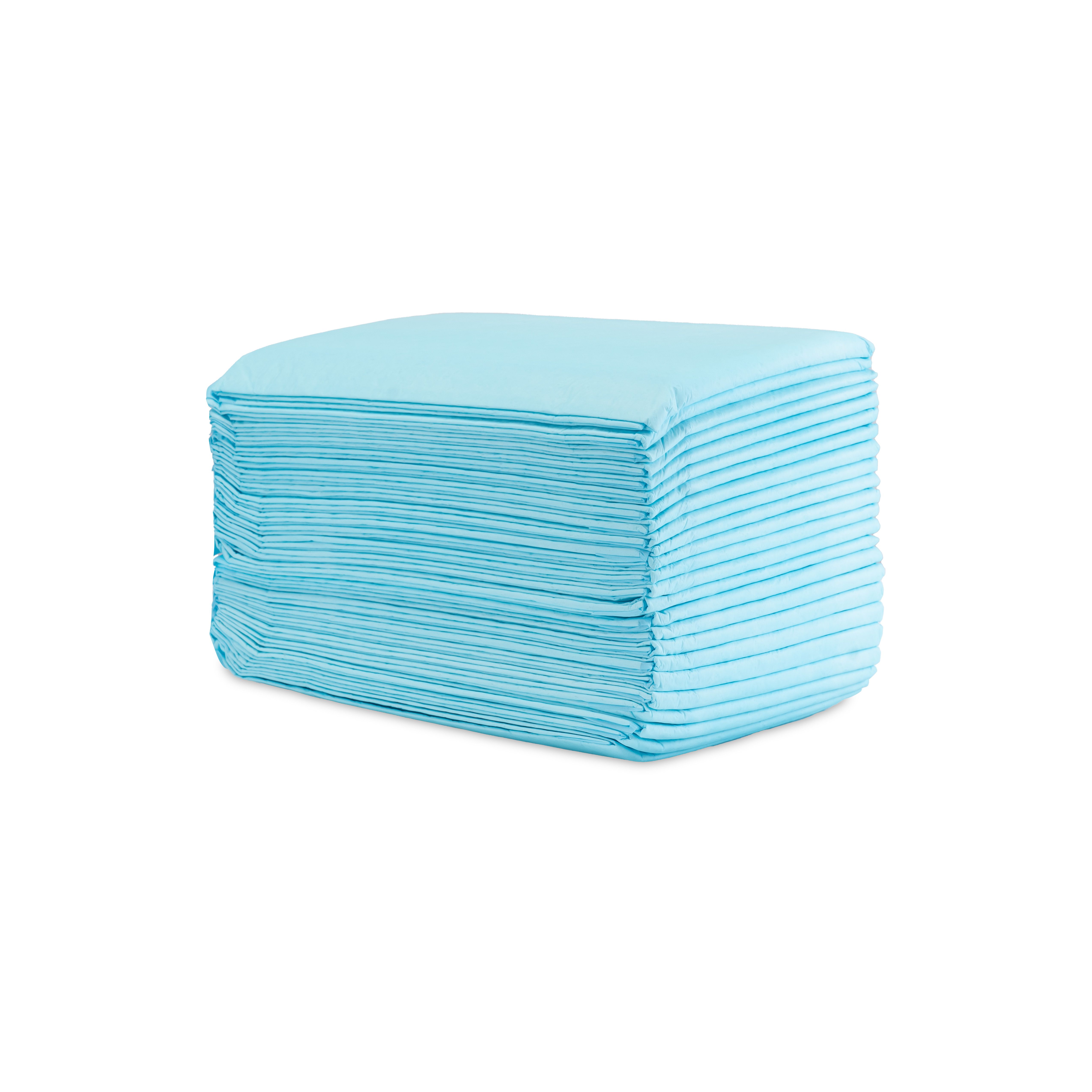 Pile d'alèses jetables bleu clair. Les bords sont visibles.
