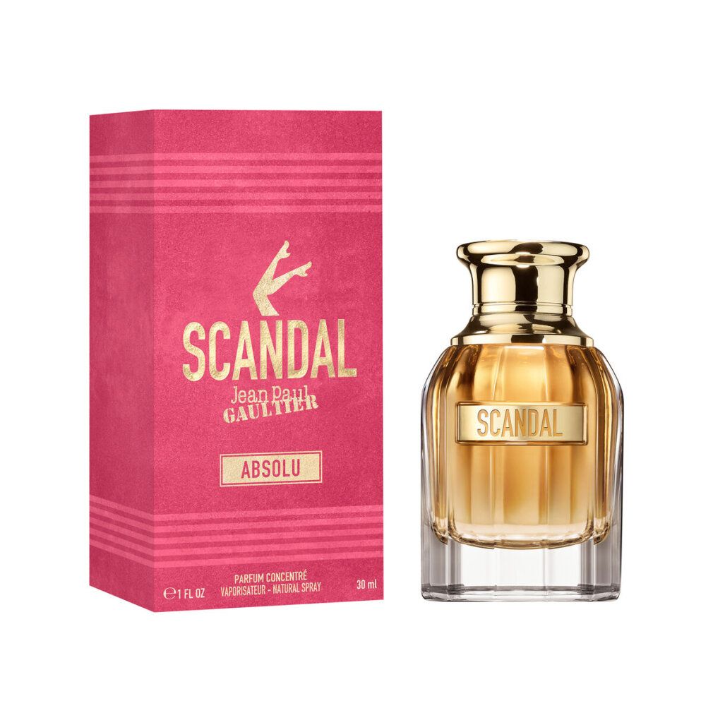 Flacon de parfum et emballage. Flacon avec bouchon doré, inscription Scandal. Emballage rose avec inscription Scandal Absolu.