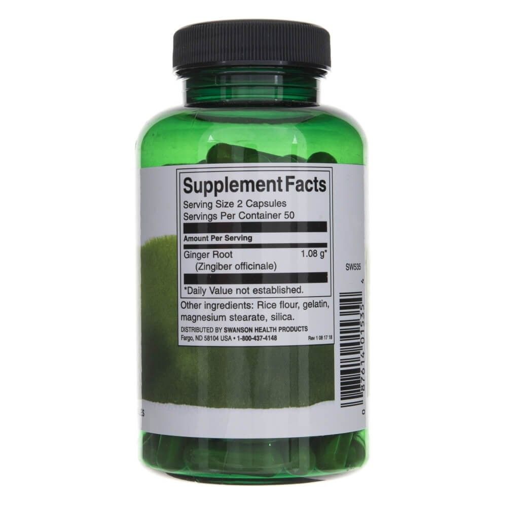 Arrière d'une bouteille verte de gélules de racine de gingembre Swanson, informations nutritionnelles.