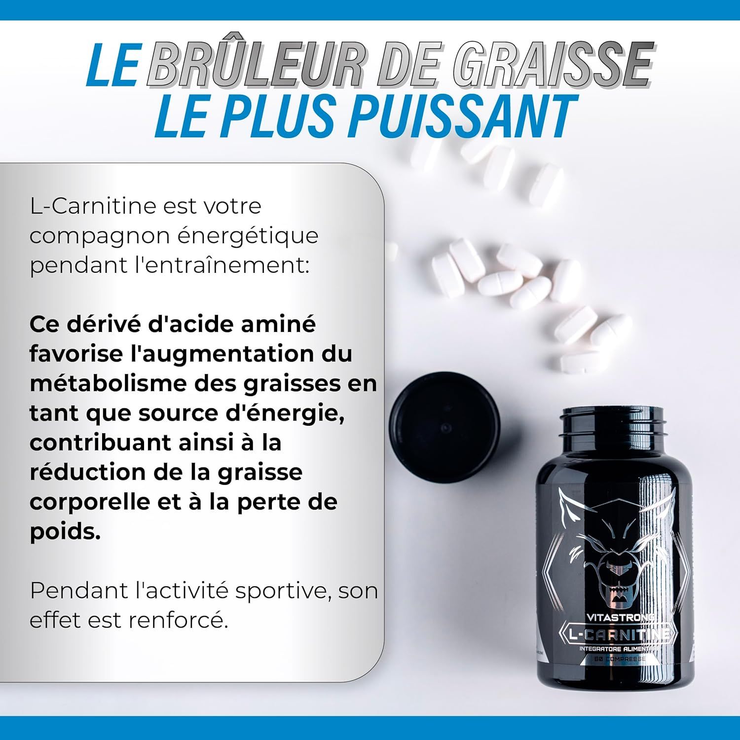 Vitastrong L-Carnitine, 60 tabletten. Fles met wolfslogo. Tekst: De krachtigste vetverbrander. Witte tabletten.