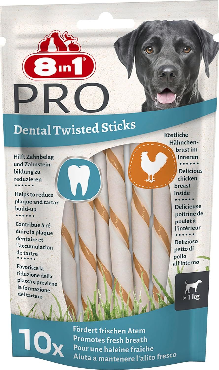 Verpakking van 8in1 Pro Dental Twisted Sticks met kipfiletvulling, 10 stuks, voor frisse adem.